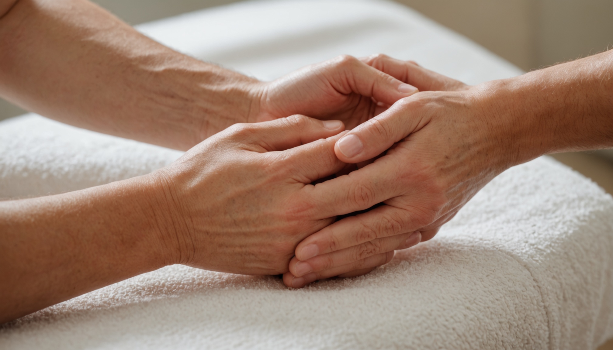 Massage des mains lors d'une séance de socio-esthétique, ambiance douce et chaleureuse