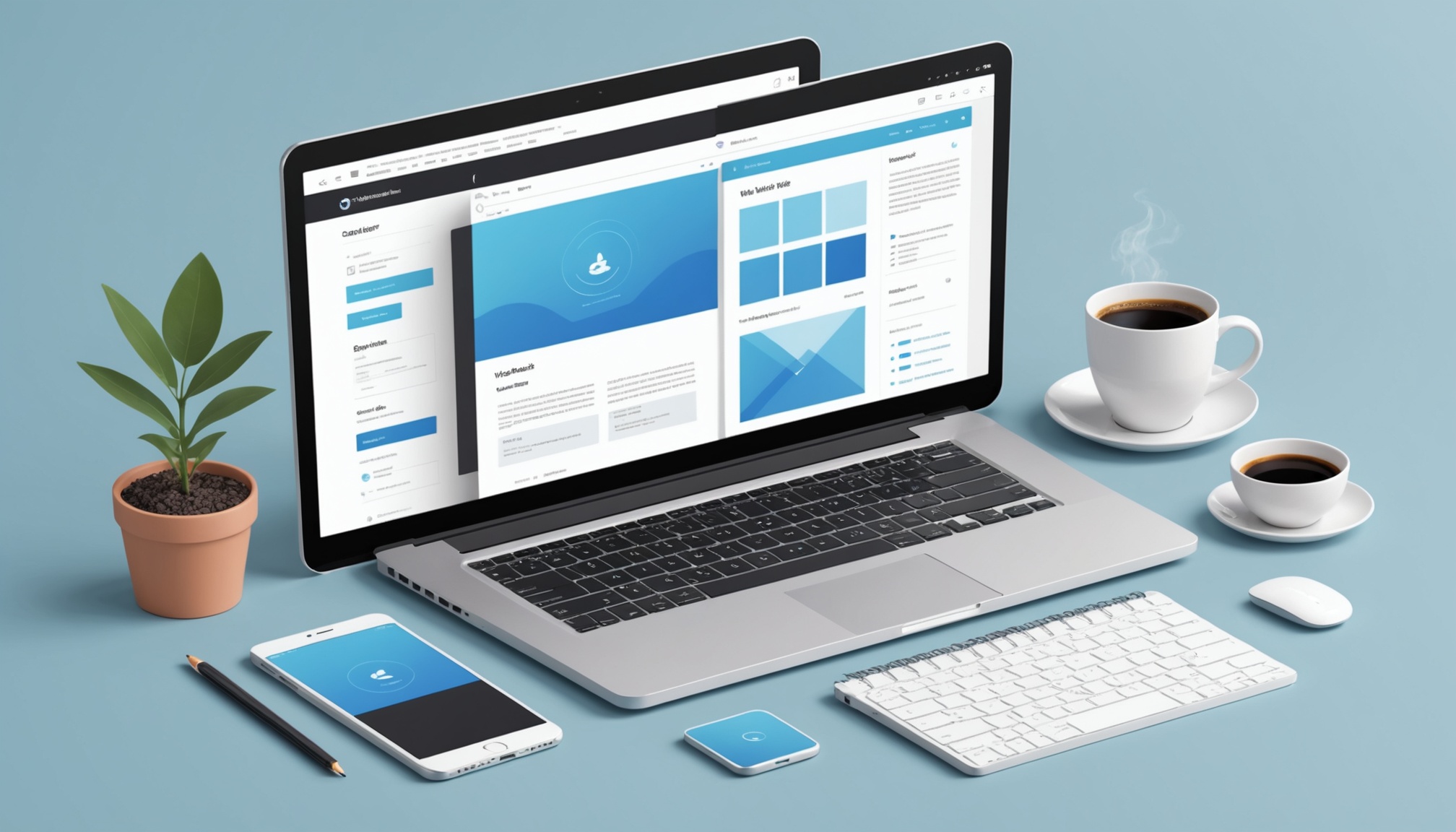 Illustration d'un ordinateur portable affichant une interface de création de site internet