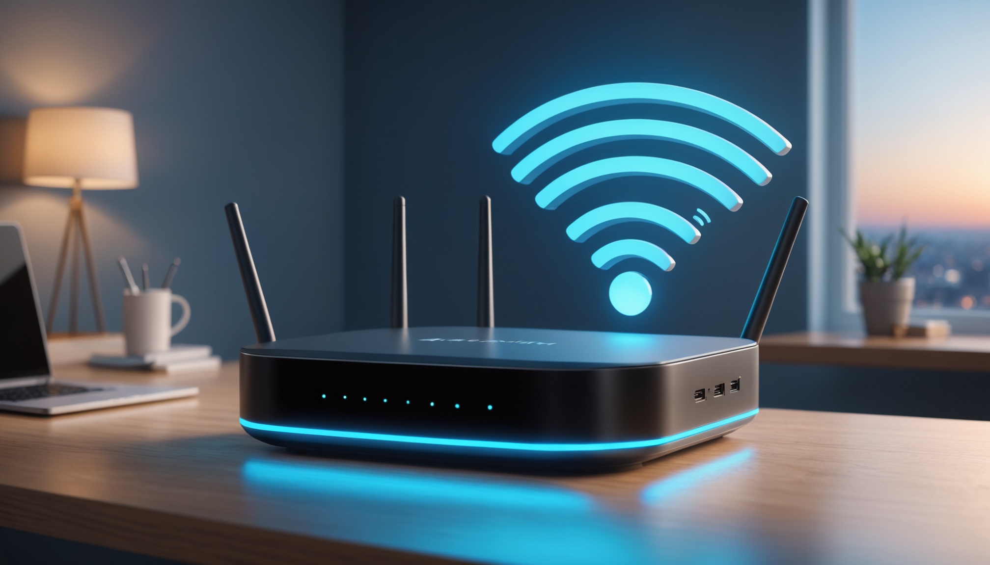 Illustration générée par IA d'une box internet et d'un routeur WiFi avec des ondes de signal réseau en arrière-plan