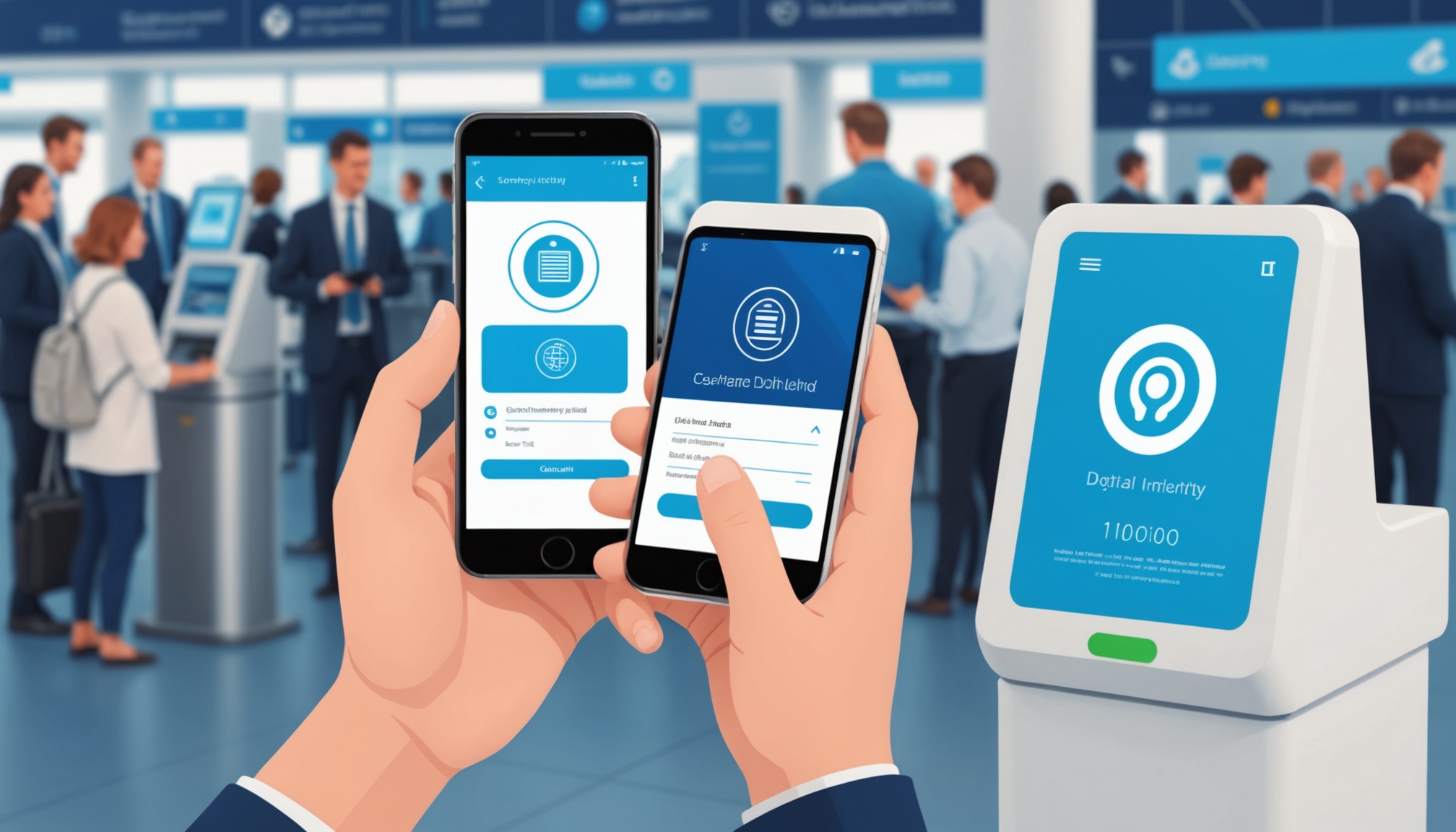 Illustration d'une carte d'identité numérique sur smartphone dans un aéroport
