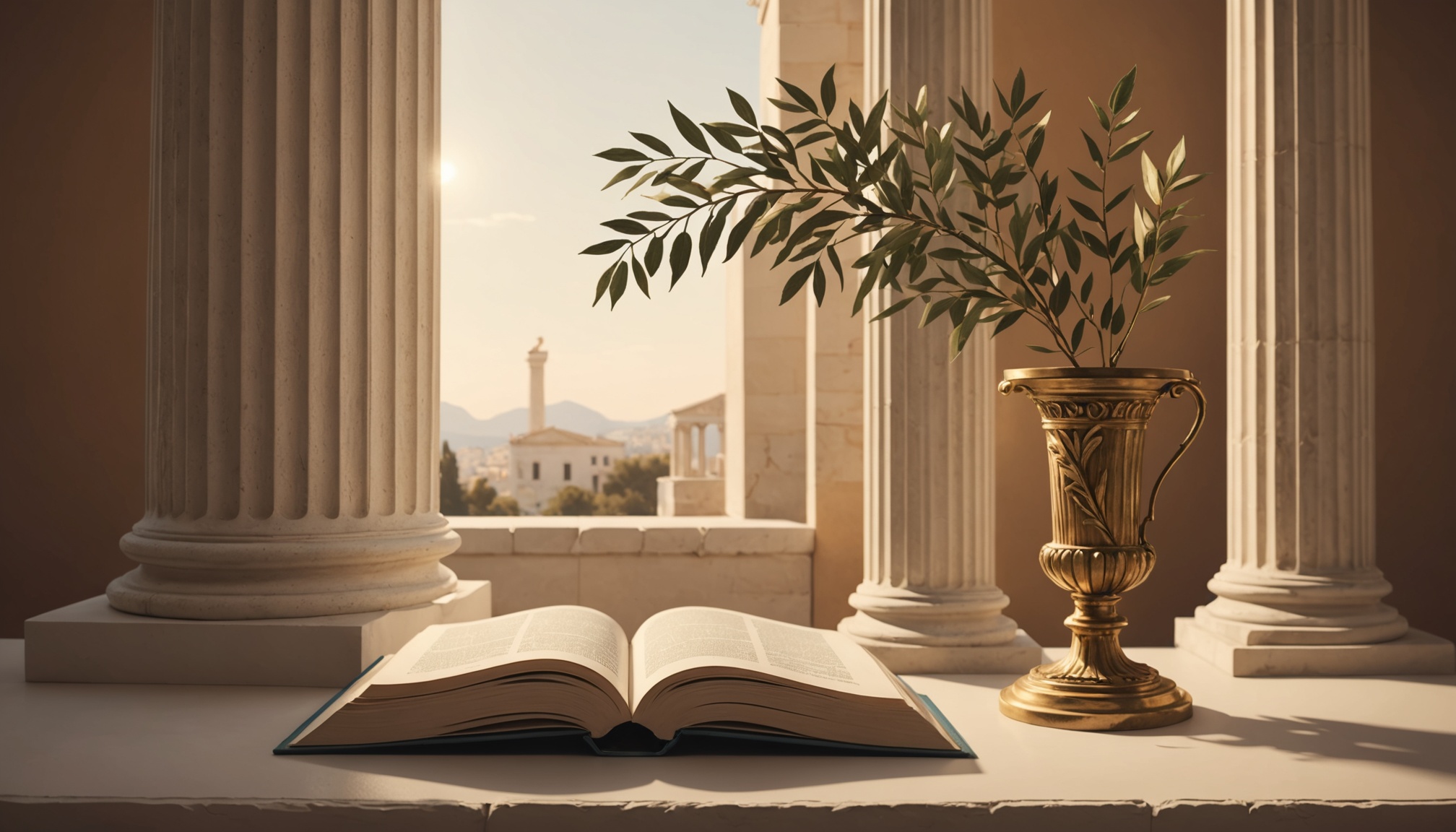 Illustration d'un livre de poésie ouvert près d'une colonne grecque, symbole du Prix Nobel de littérature