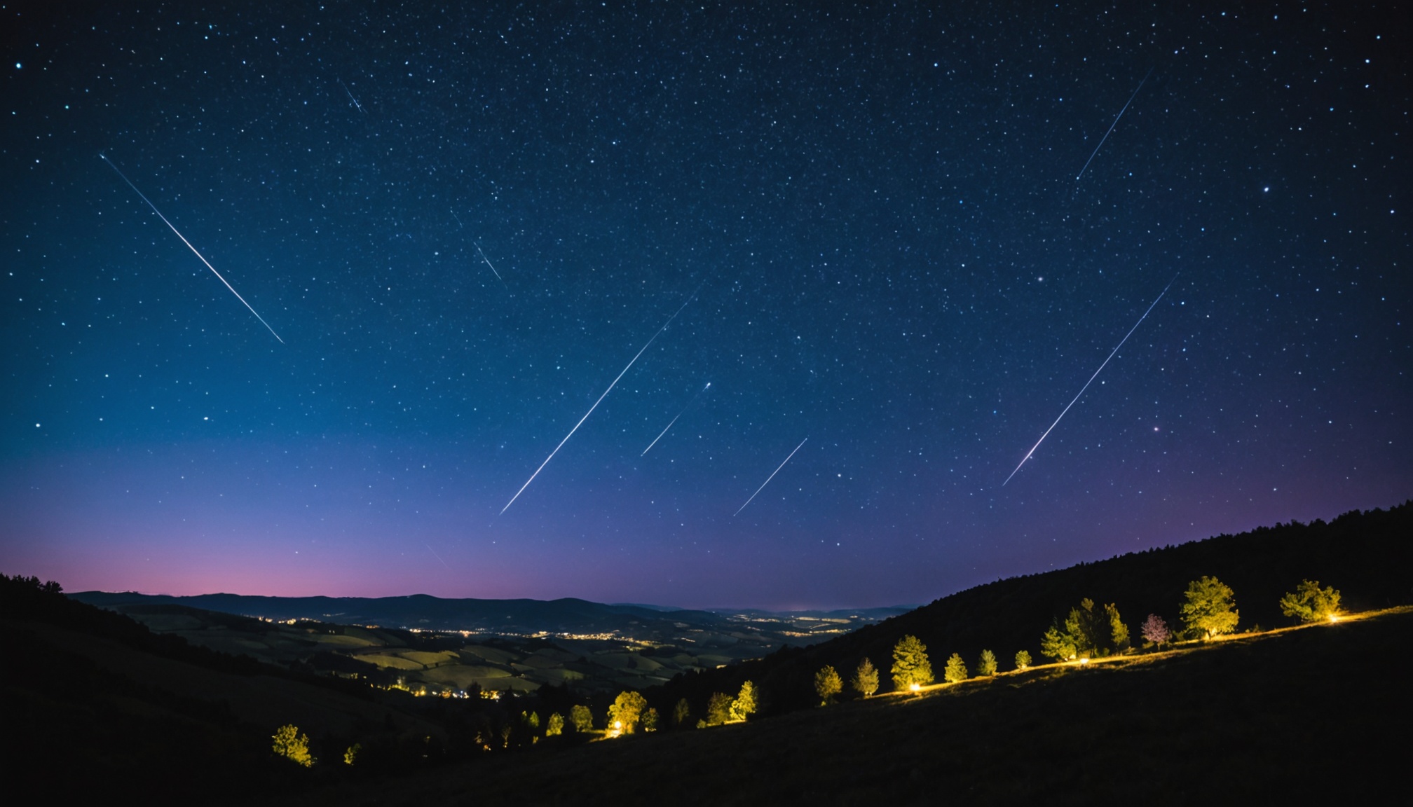 Ciel nocturne étoilé avec des boules de feu des Taurides au-dessus d'un paysage de campagne française