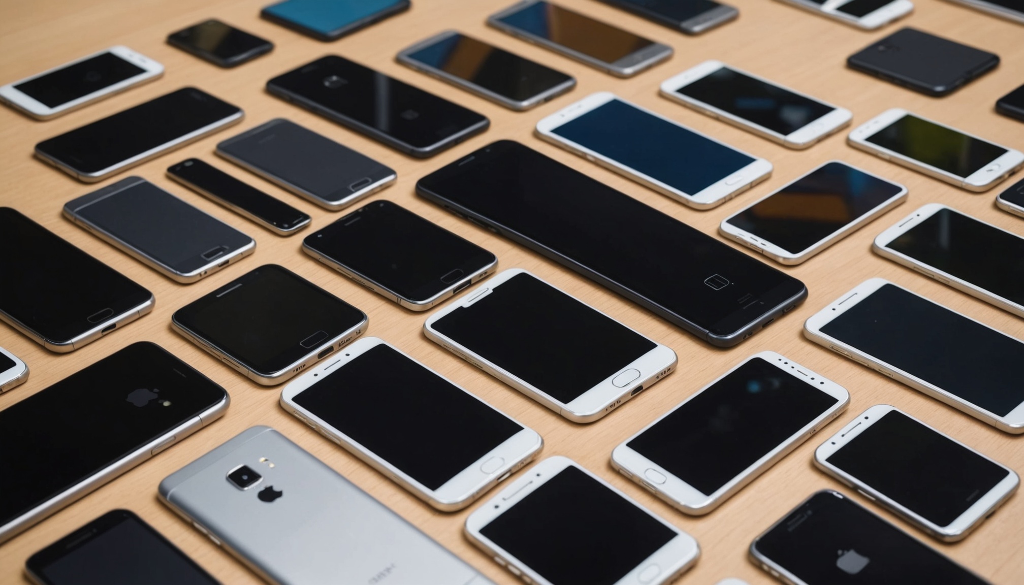 Smartphones reconditionnés alignés sur un bureau, symbole de la seconde main en France