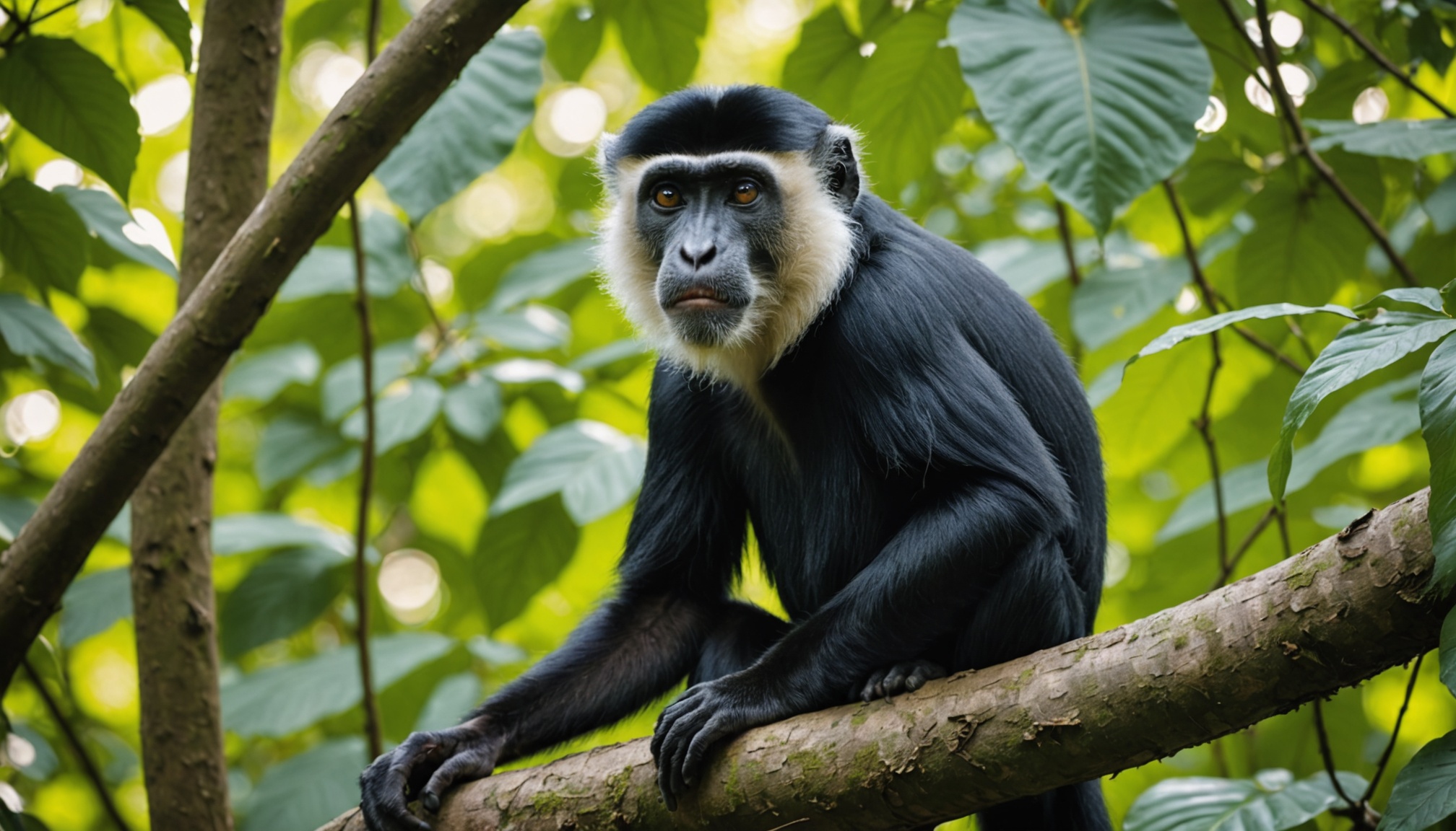 Singe au pelage noir et aux lèvres orange dans la canopée d'une forêt tropicale