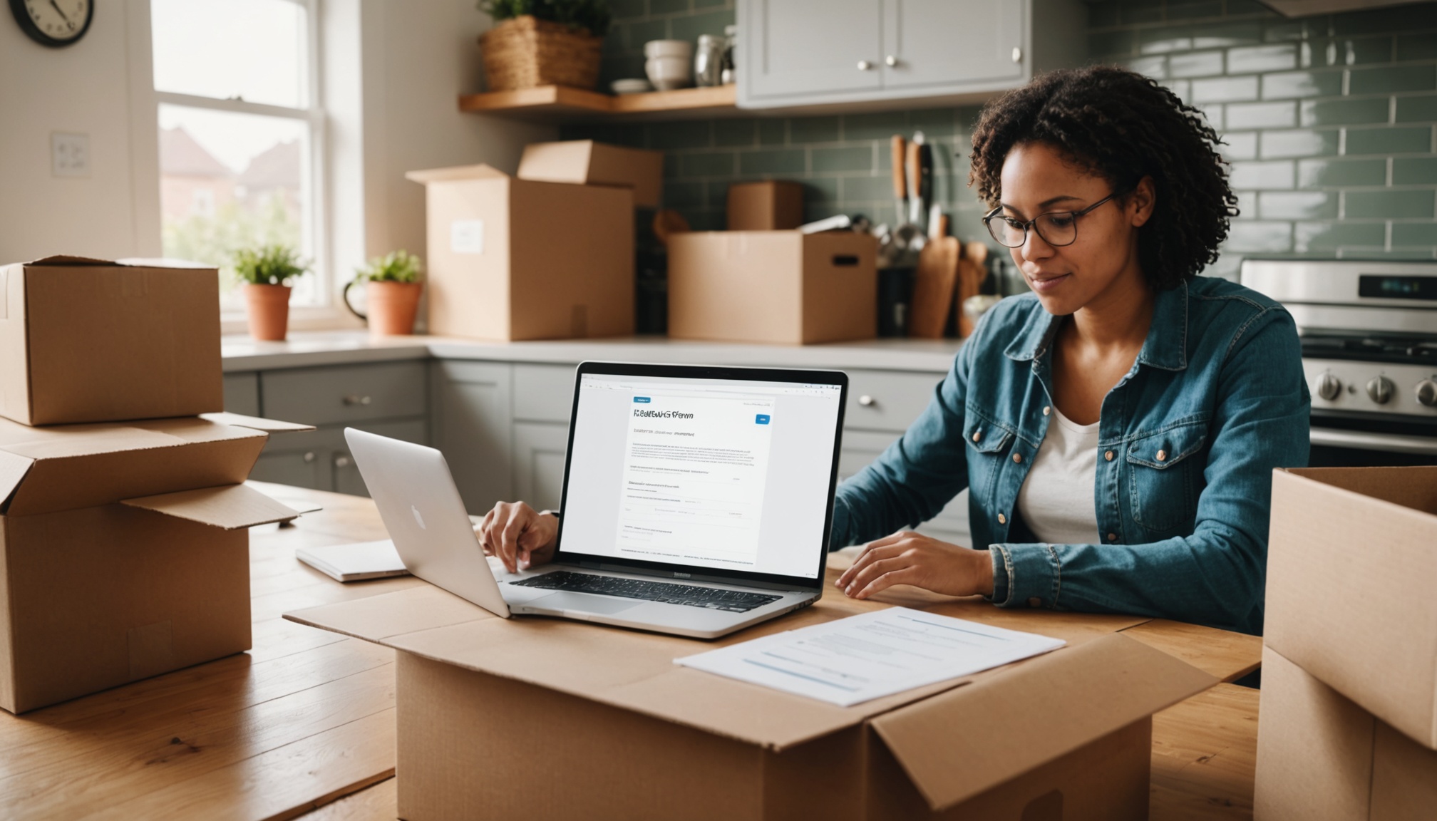 Personne remplissant un formulaire en ligne sur un ordinateur portable entourée de cartons de déménagement