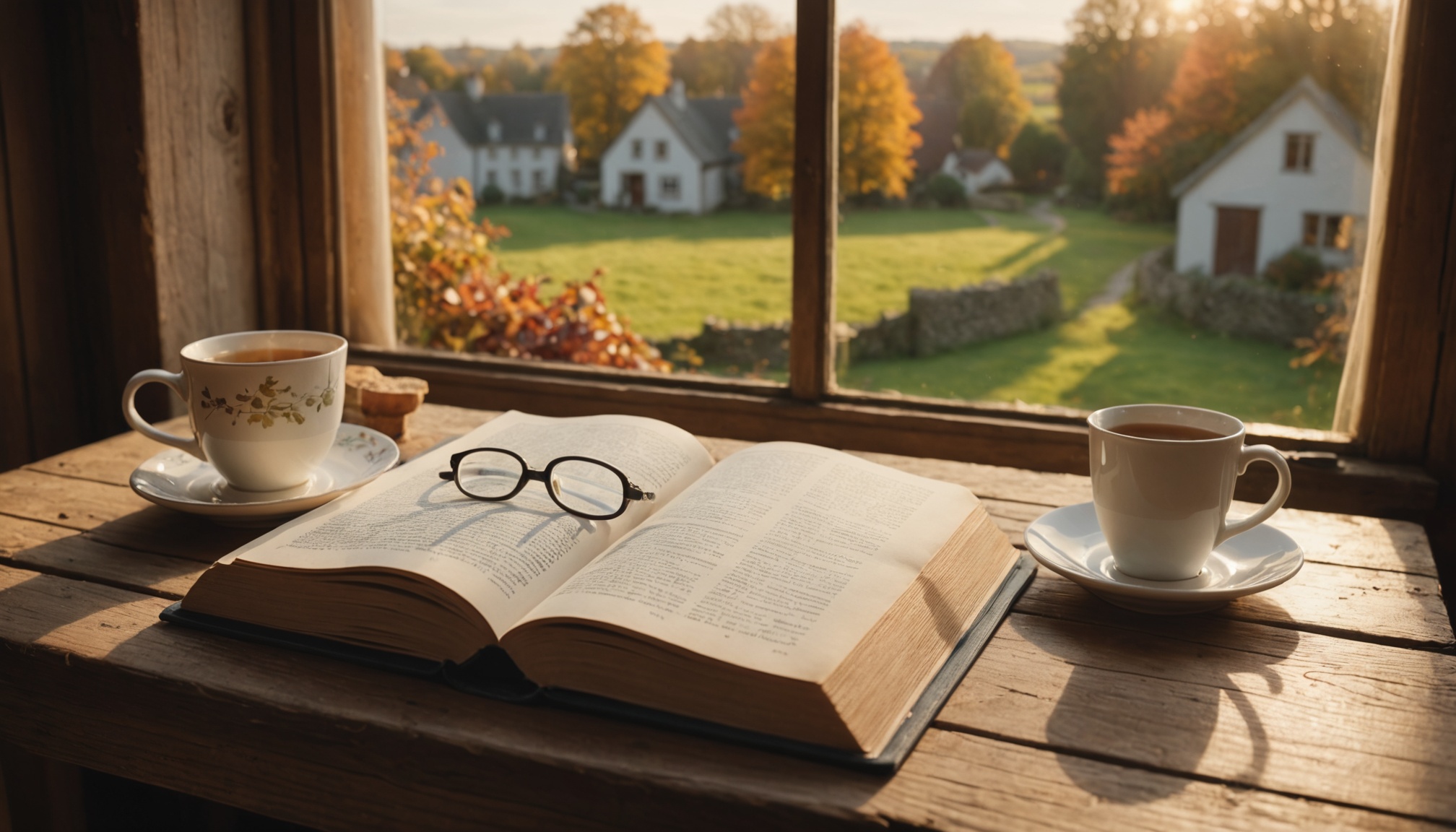 Livre ouvert sur une table en bois avec une tasse de thé, ambiance cosy mystery