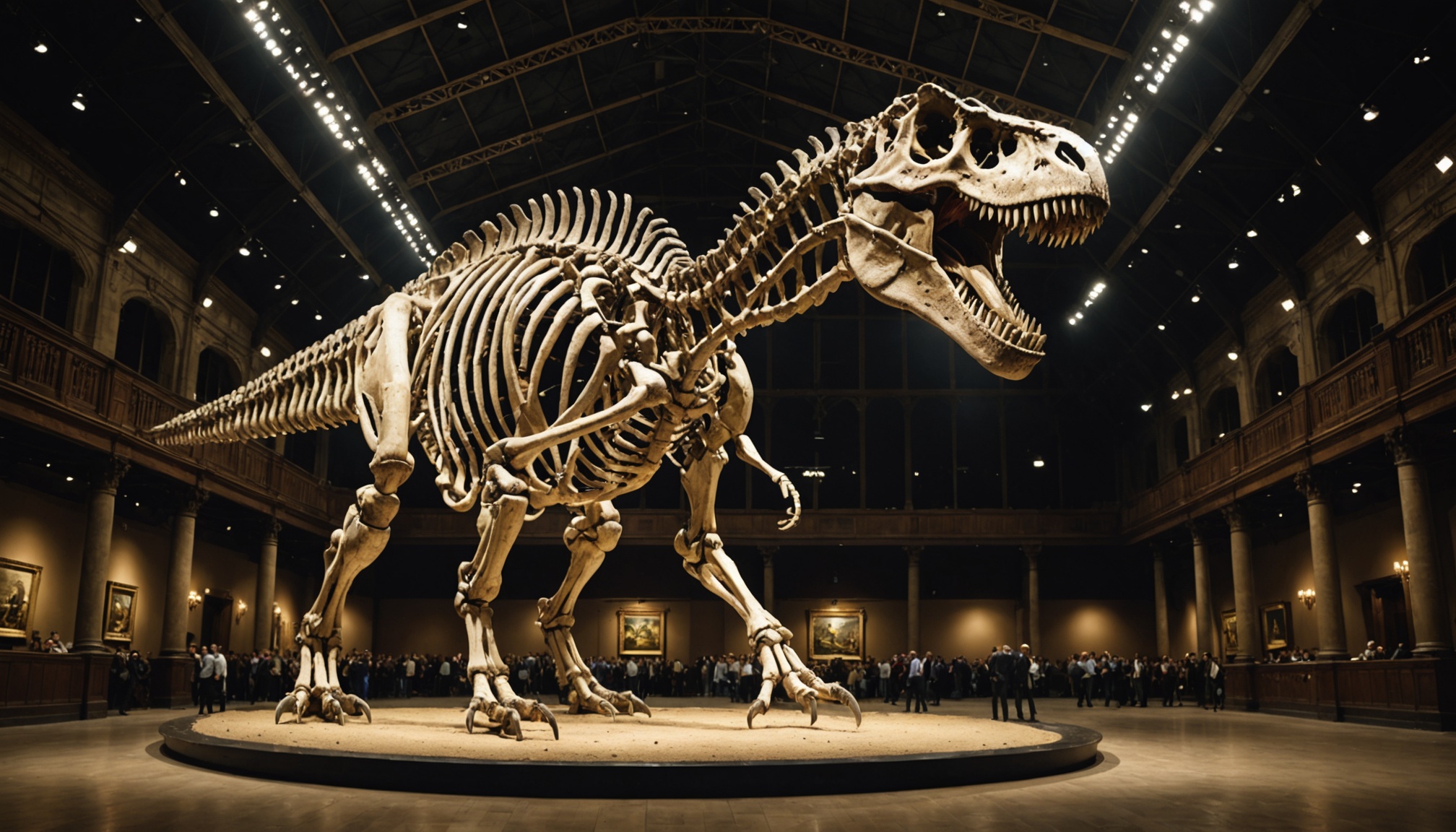 Squelette fossile de Tyrannosaurus rex exposé sous des projecteurs lors d'une vente aux enchères