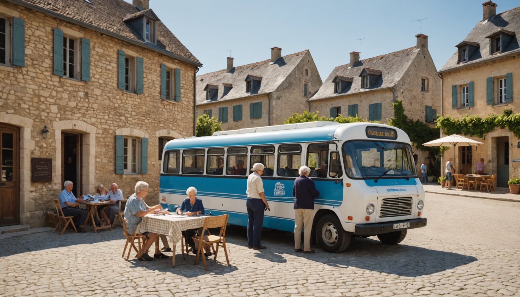 Bus France Services stationné sur une place de village, agent aidant un habitant pour ses démarches