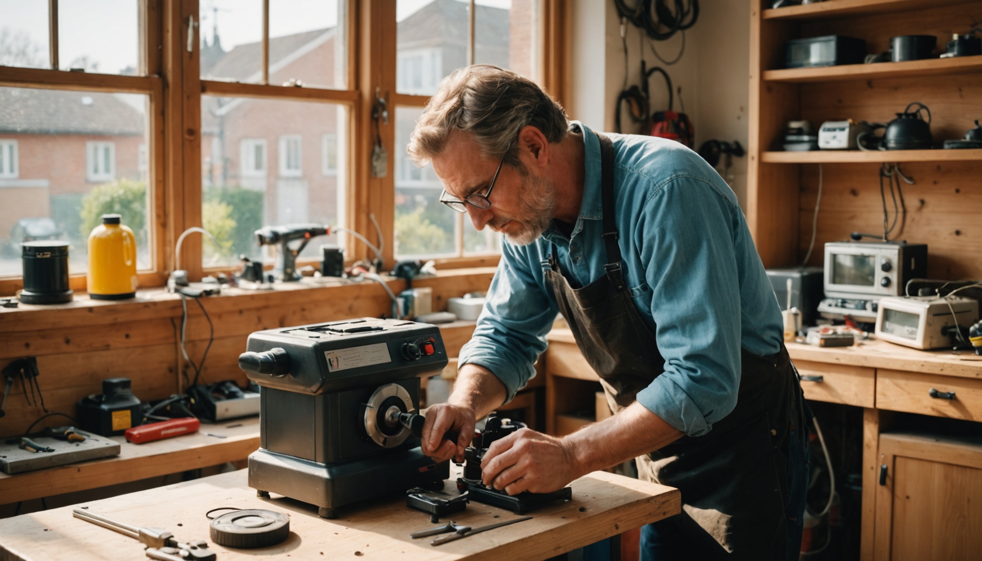 Réparateur local remettant en état un appareil électroménager dans un atelier de proximité