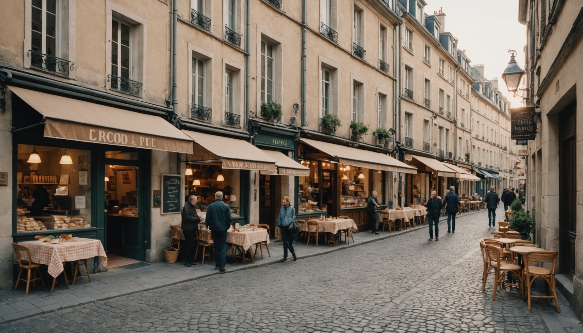 Rue commercante de quartier avec commerces de proximite et cafe