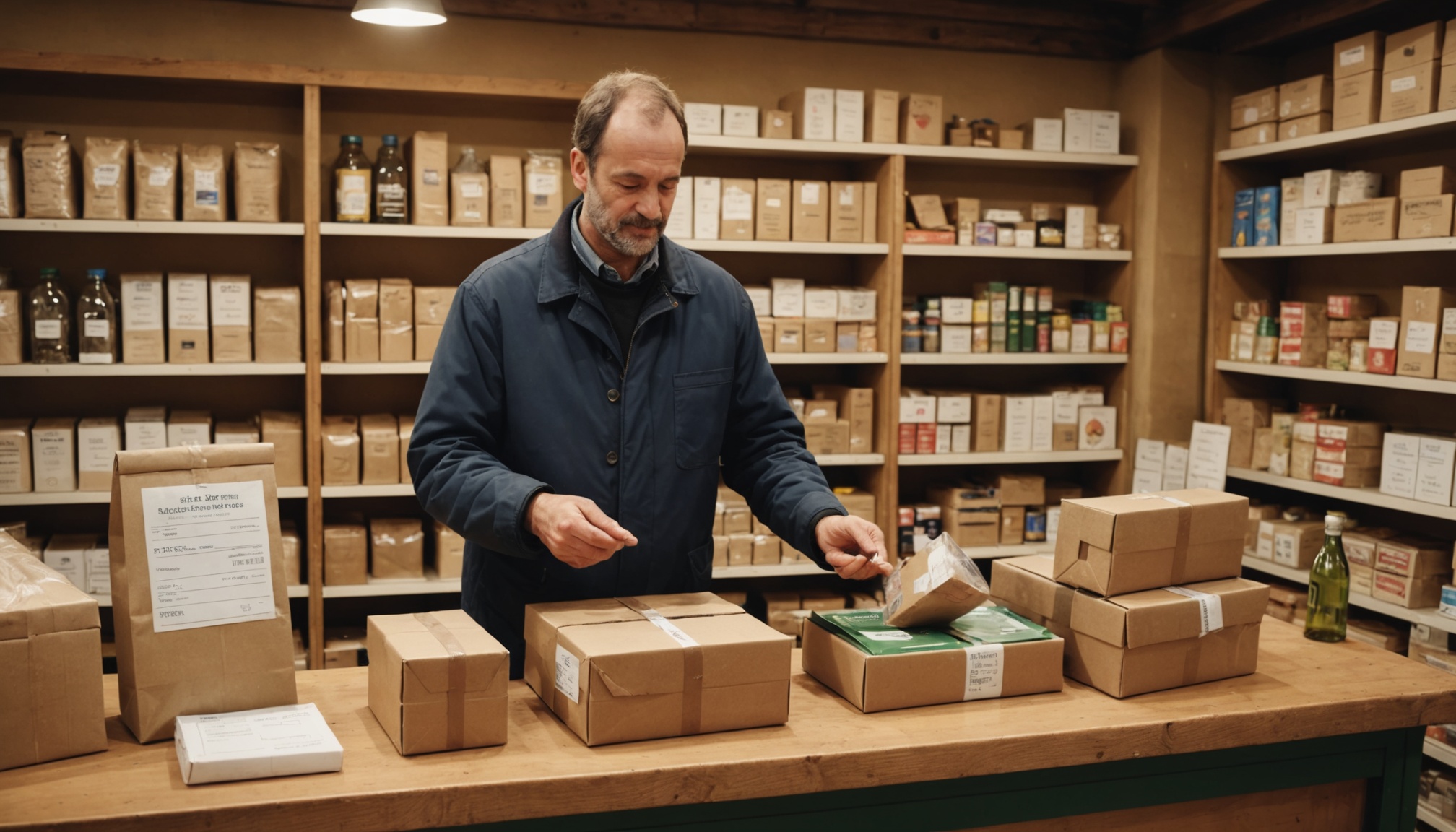 Commerçant remettant un colis à un client dans une épicerie de village