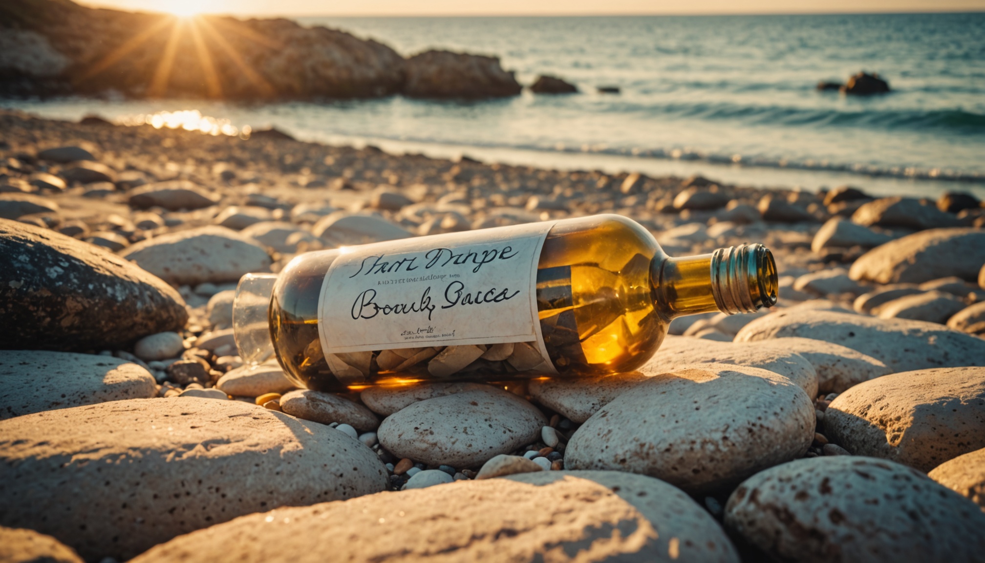 Bouteille en verre contenant un message, coincée entre des rochers sur une plage
