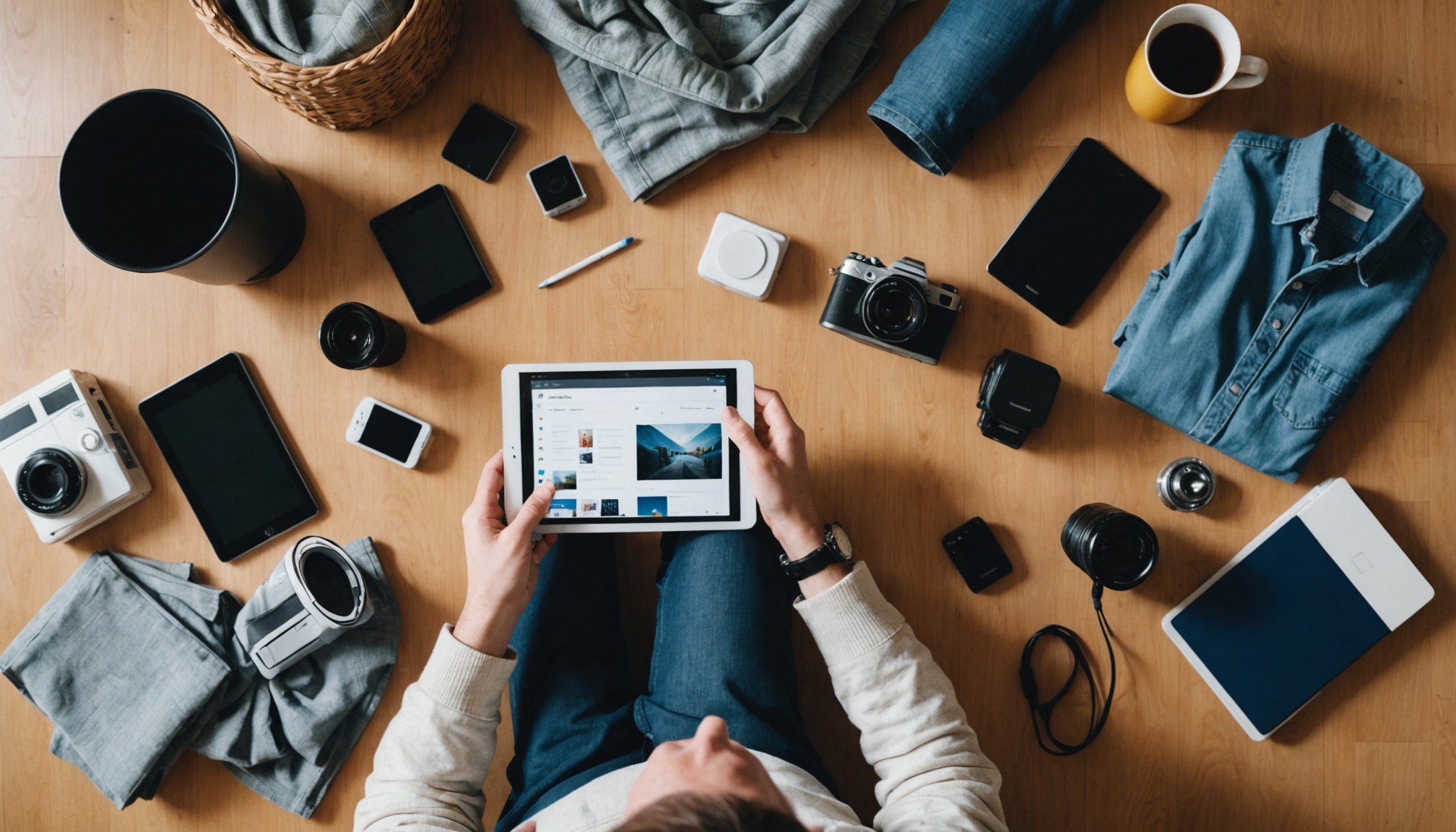 Personne consultant une marketplace de seconde main sur tablette, entourée de vêtements et d'objets à revendre