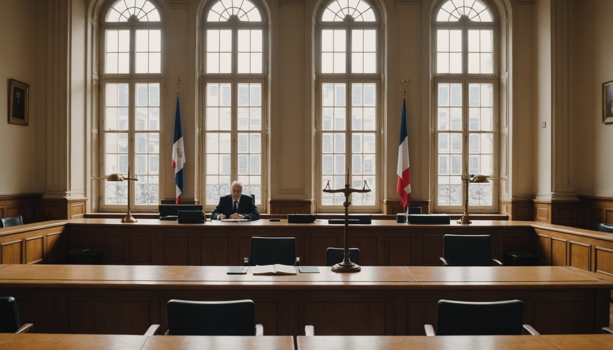 Intérieur d'un tribunal français avec la balance de la justice