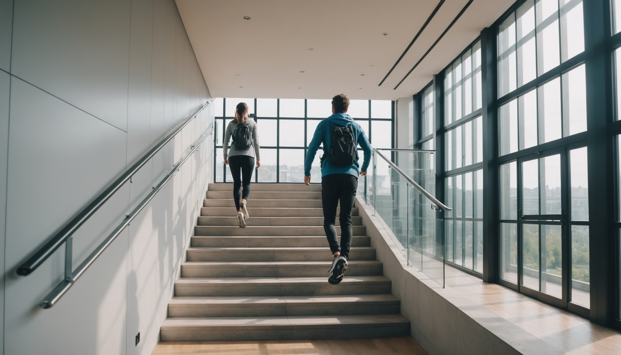 Personne montant les escaliers d'un immeuble lumineux, symbole d'activité physique quotidienne bonne pour le cœur