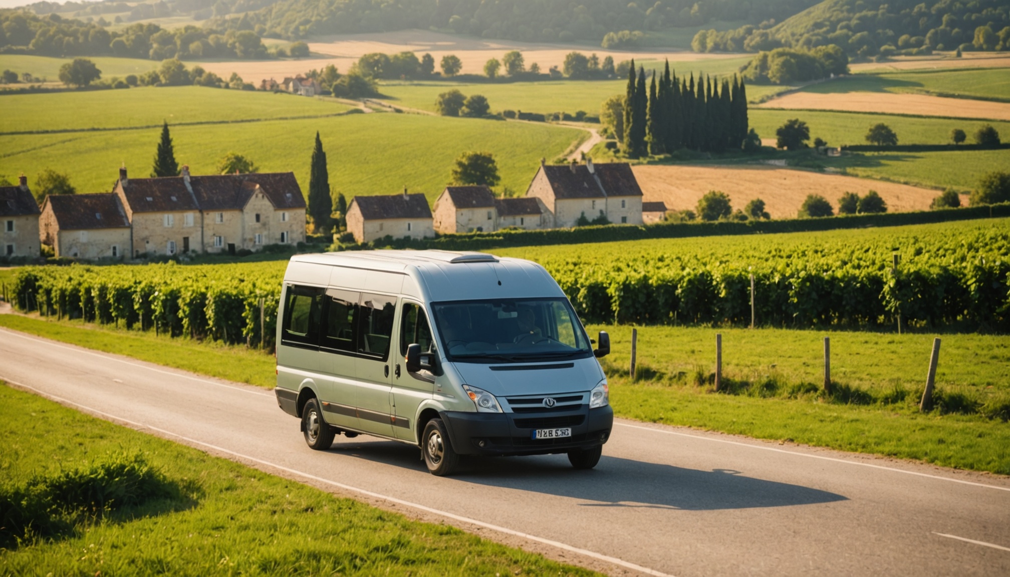Minibus de transport à la demande sur une route de campagne en France