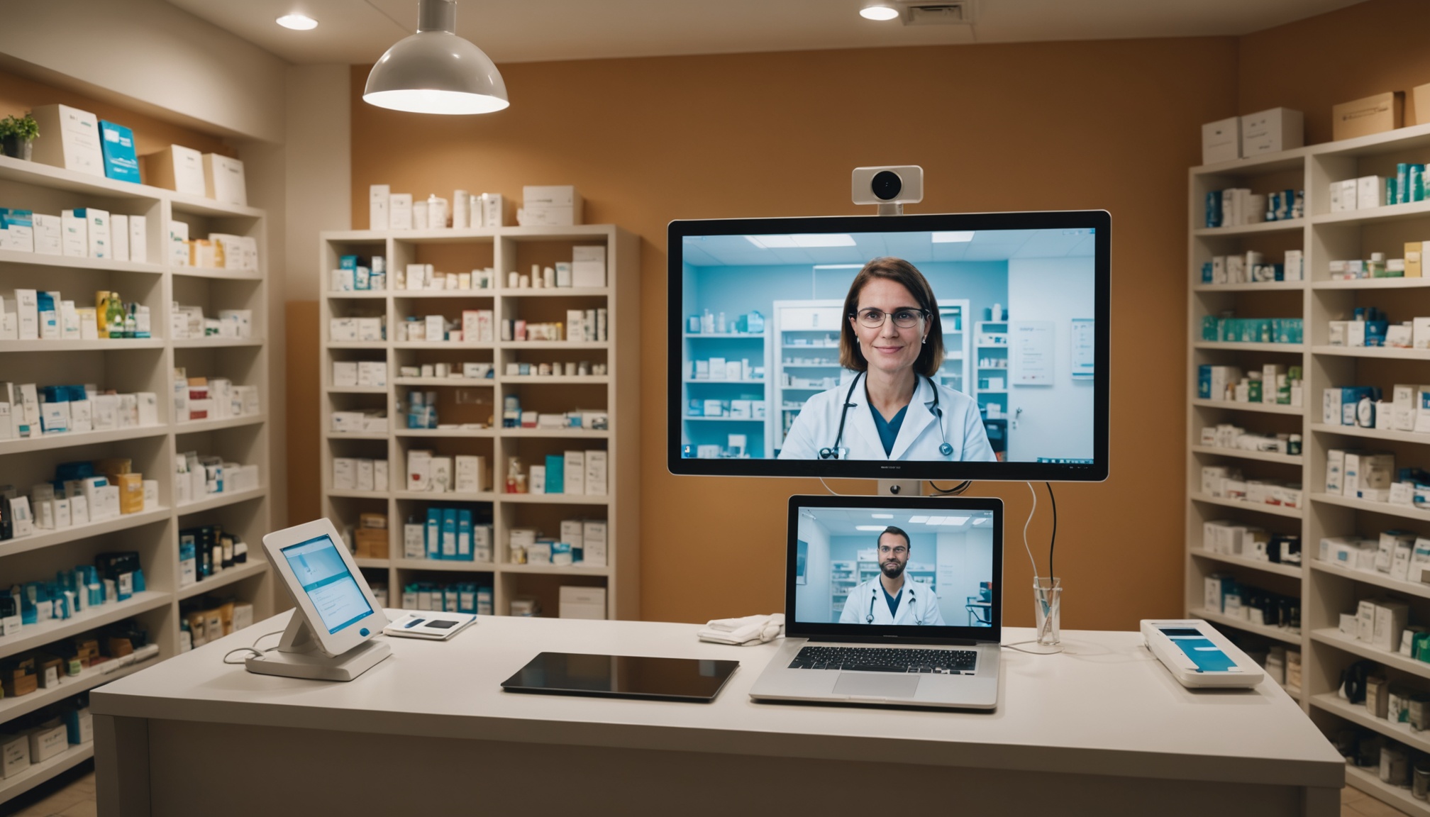 Cabine de téléconsultation médicale installée dans une pharmacie en zone rurale