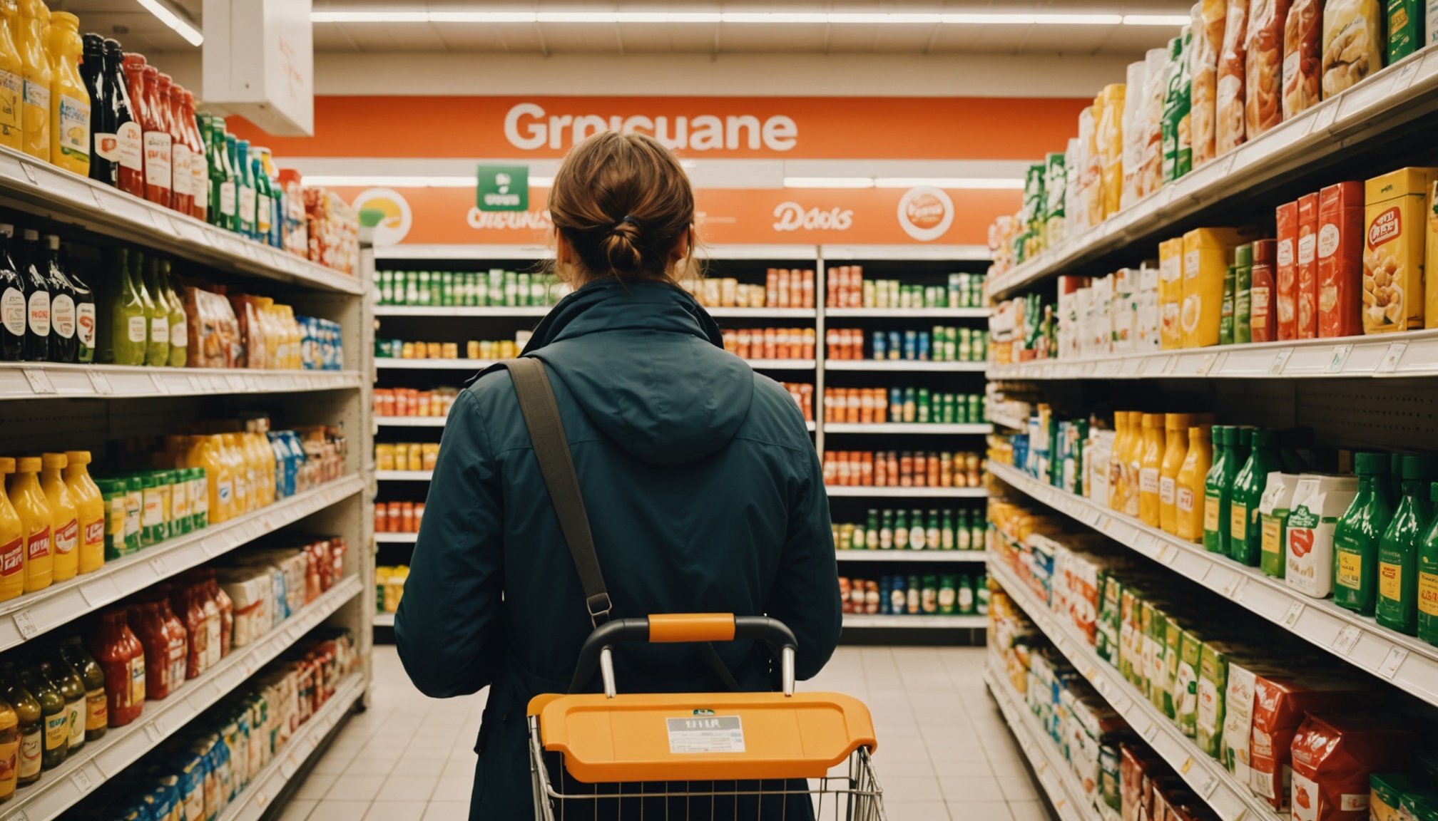 Client comparant les étiquettes de prix de deux produits similaires dans un rayon de supermarché