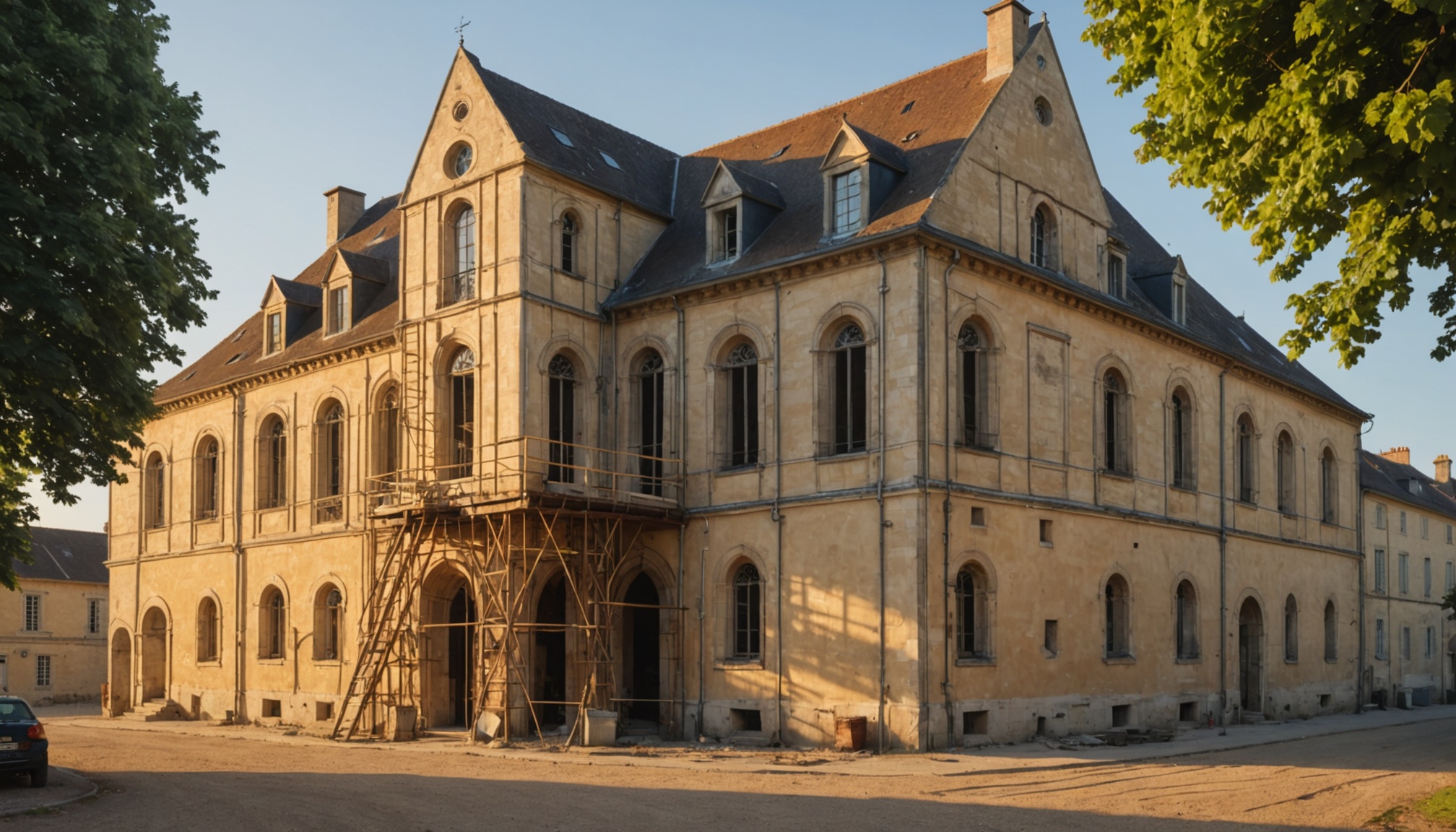 Bâtiment patrimonial français en cours de restauration, lumière dorée