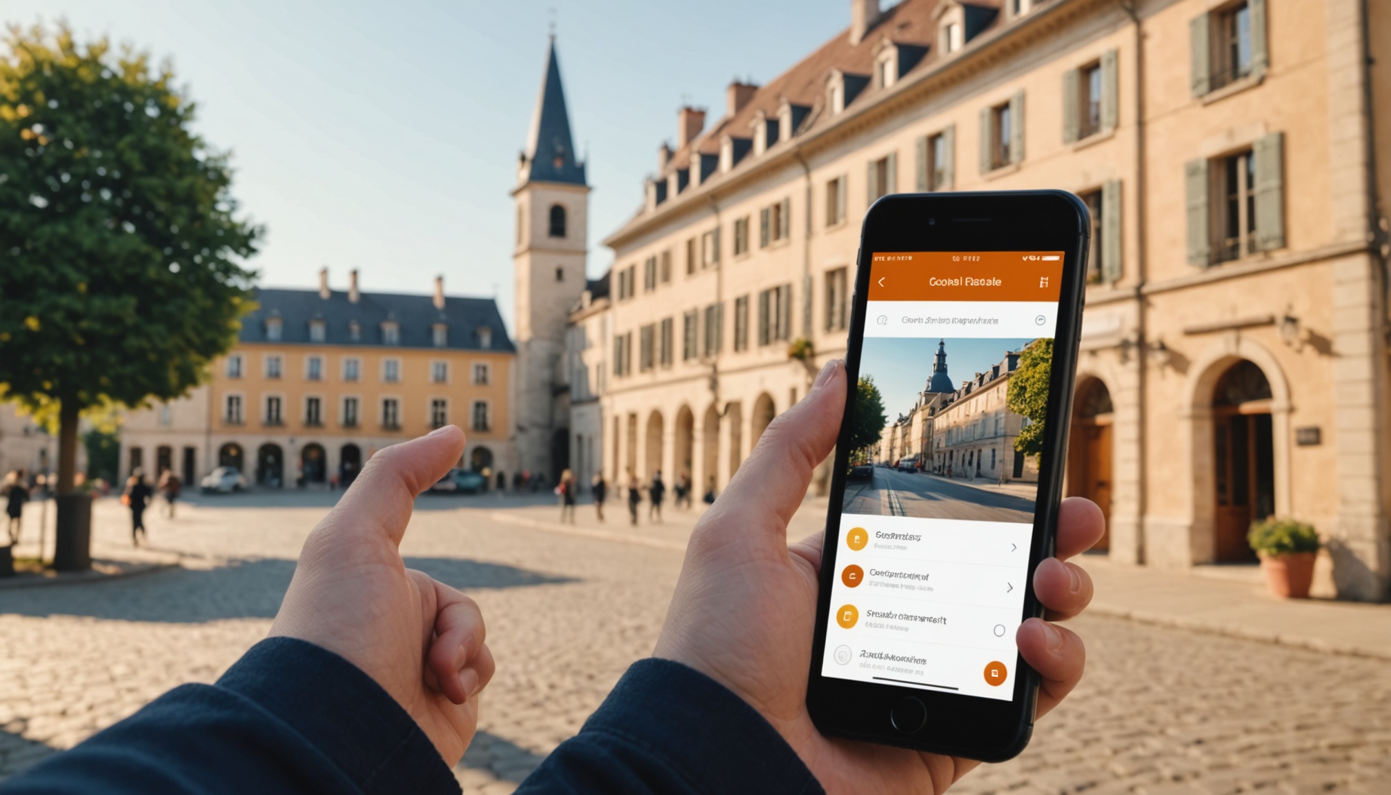 Habitant consultant une application municipale sur son smartphone devant une mairie française