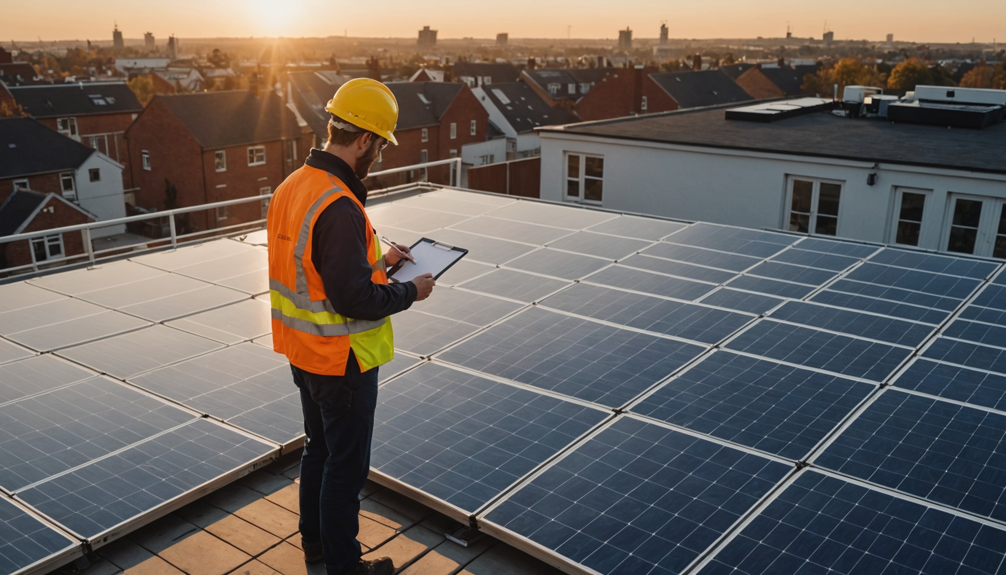 Technicien inspectant des panneaux solaires installés sur un toit résidentiel