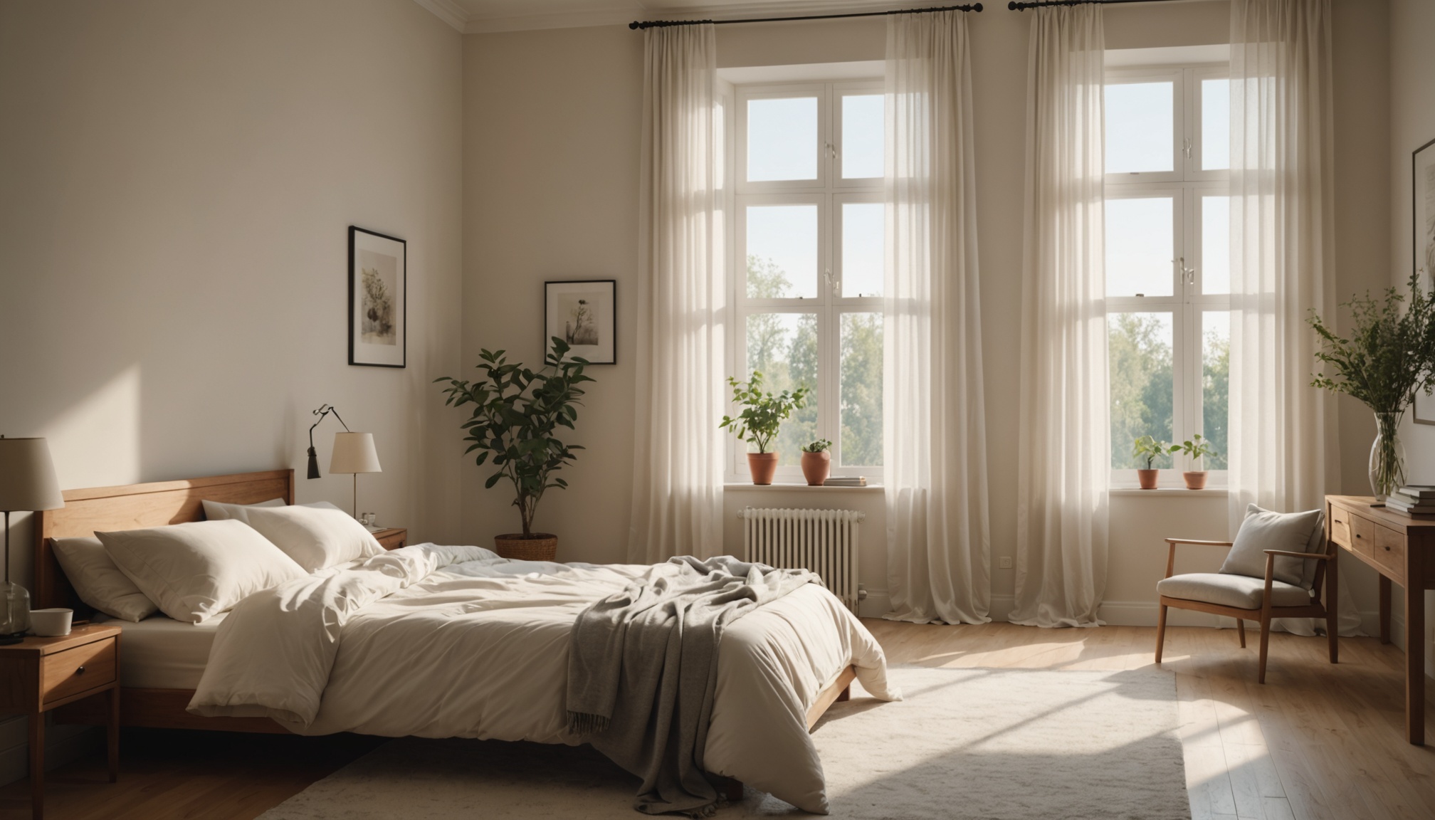 Chambre lumineuse le matin, symbole de sommeil réparateur et de soin de soi