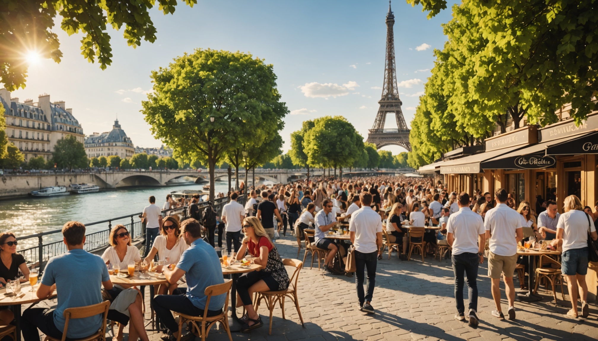 Touristes profitant d'un été animé au bord de la Seine à Paris