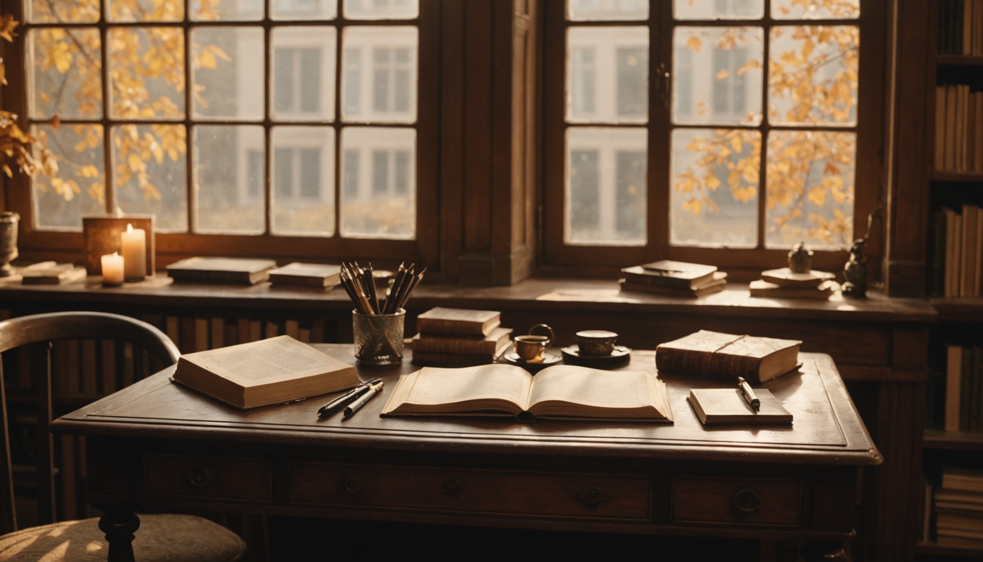 Piles de livres et stylo sur un bureau en bois, ambiance rentrée littéraire automnale