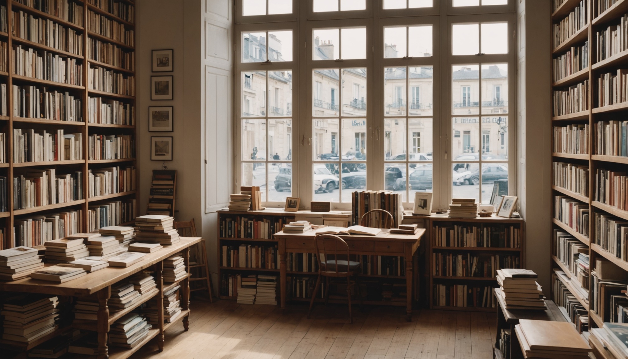 Intérieur d'une librairie indépendante française avec piles de romans, ambiance rentrée littéraire