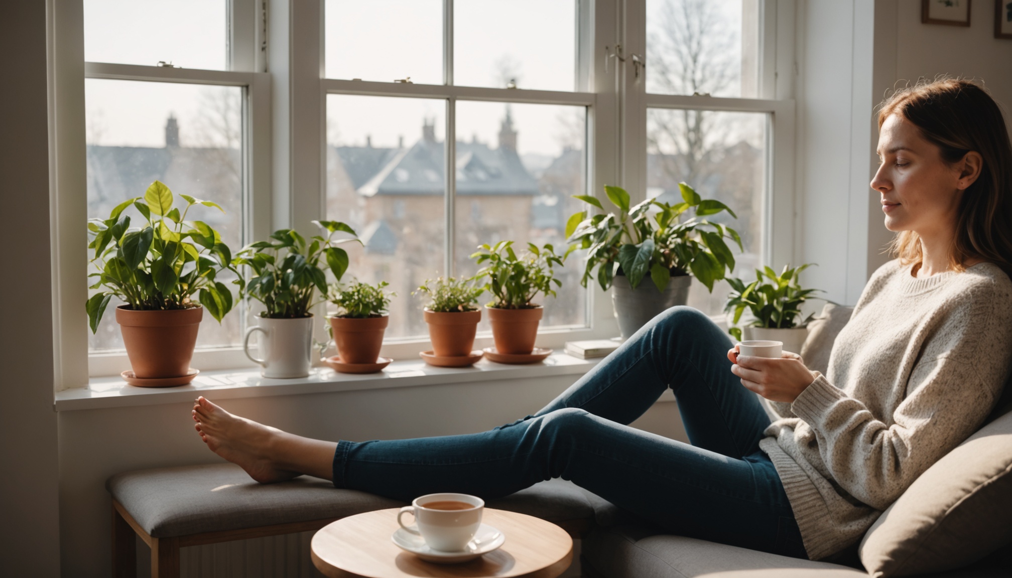 Personne se détendant chez elle dans une ambiance calme et lumineuse