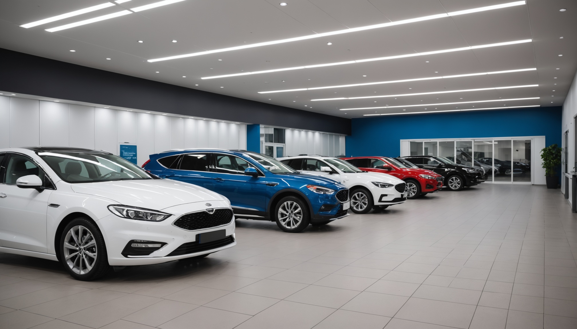 Showroom de concession automobile avec plusieurs voitures neuves alignées