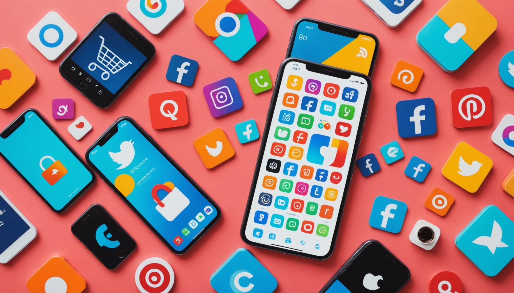 Smartphone entouré d'icônes d'applications et de commerce en ligne