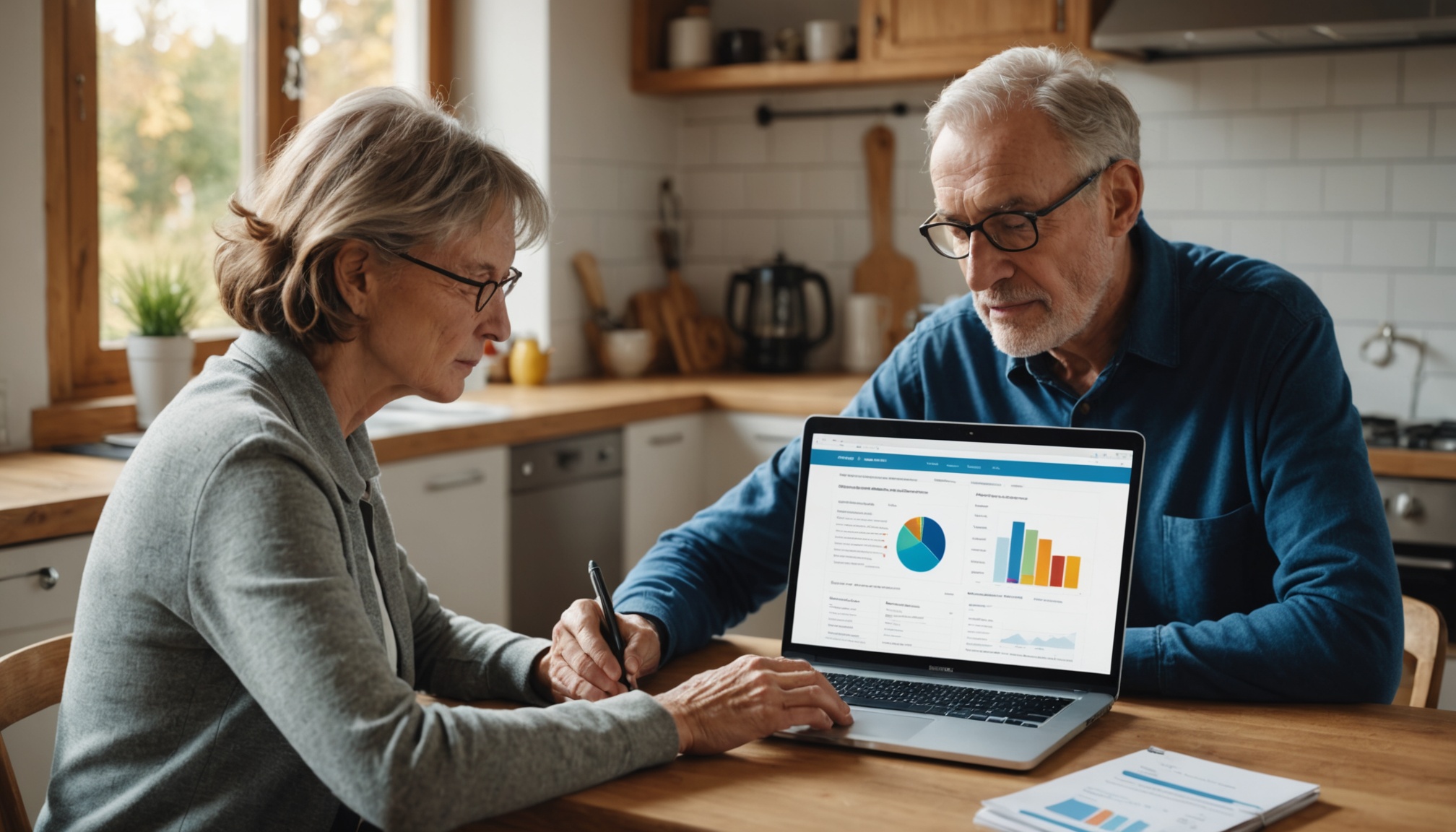 Couple de seniors consultant le tableau de bord retraite en ligne sur un ordinateur portable